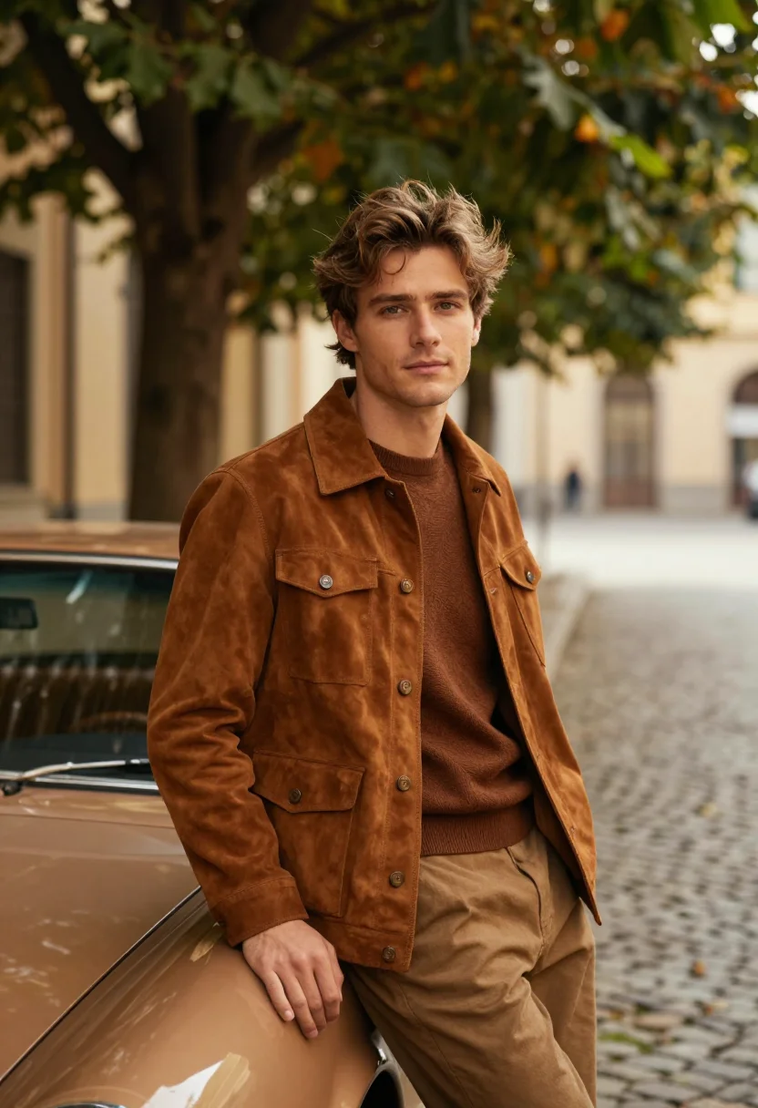 AI tods brera gommino driving shoe cognac suede men sample — portrait of a man, a French man in his late twenties with fa
