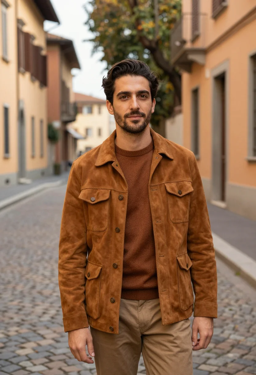 AI tods brera gommino driving shoe cognac suede men sample — portrait of a man, an Italian man in his mid-thirties with o