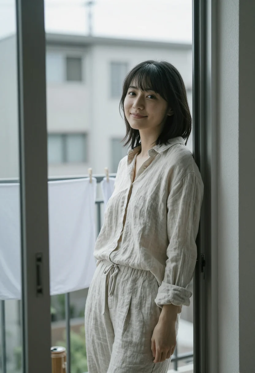 AI tokyo apartment sample — portrait of a woman, chest-up photograph of an East-Asian wo