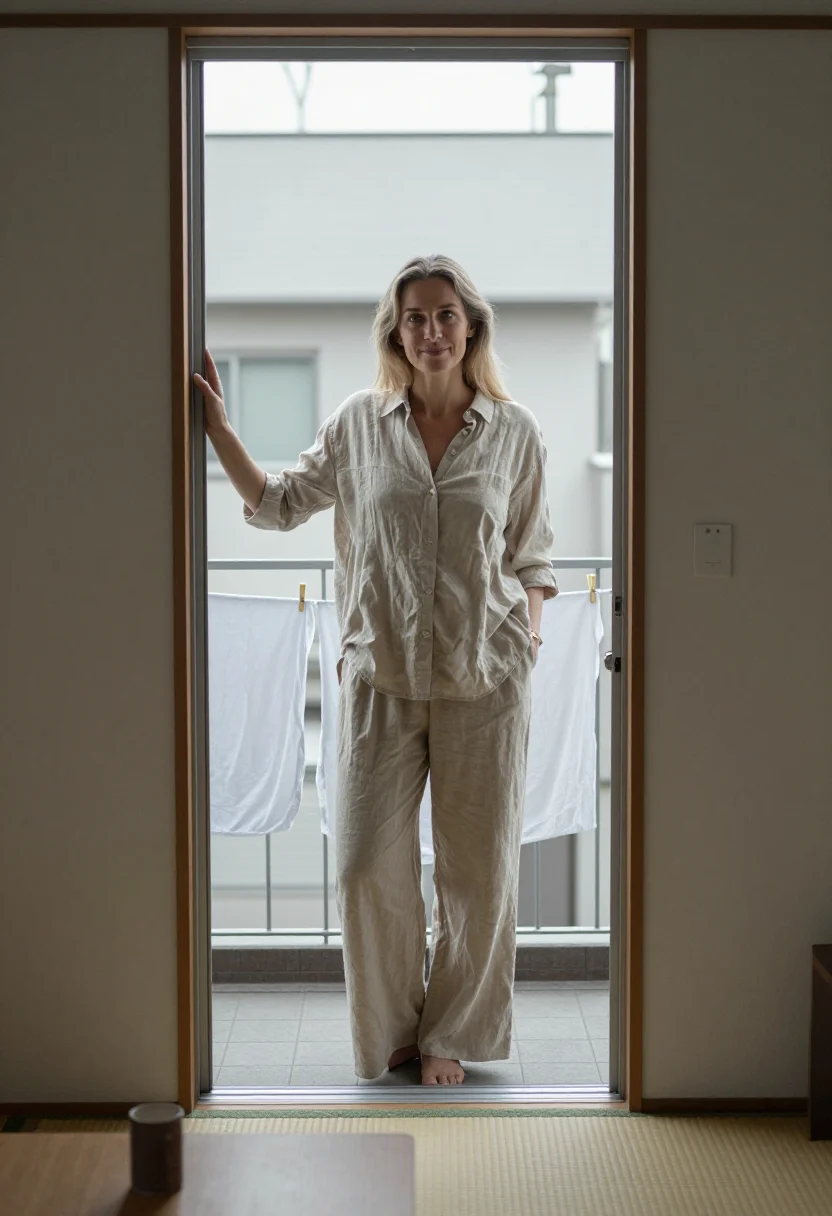 AI tokyo apartment sample — portrait of a woman, full-length photograph of a Western-Eur