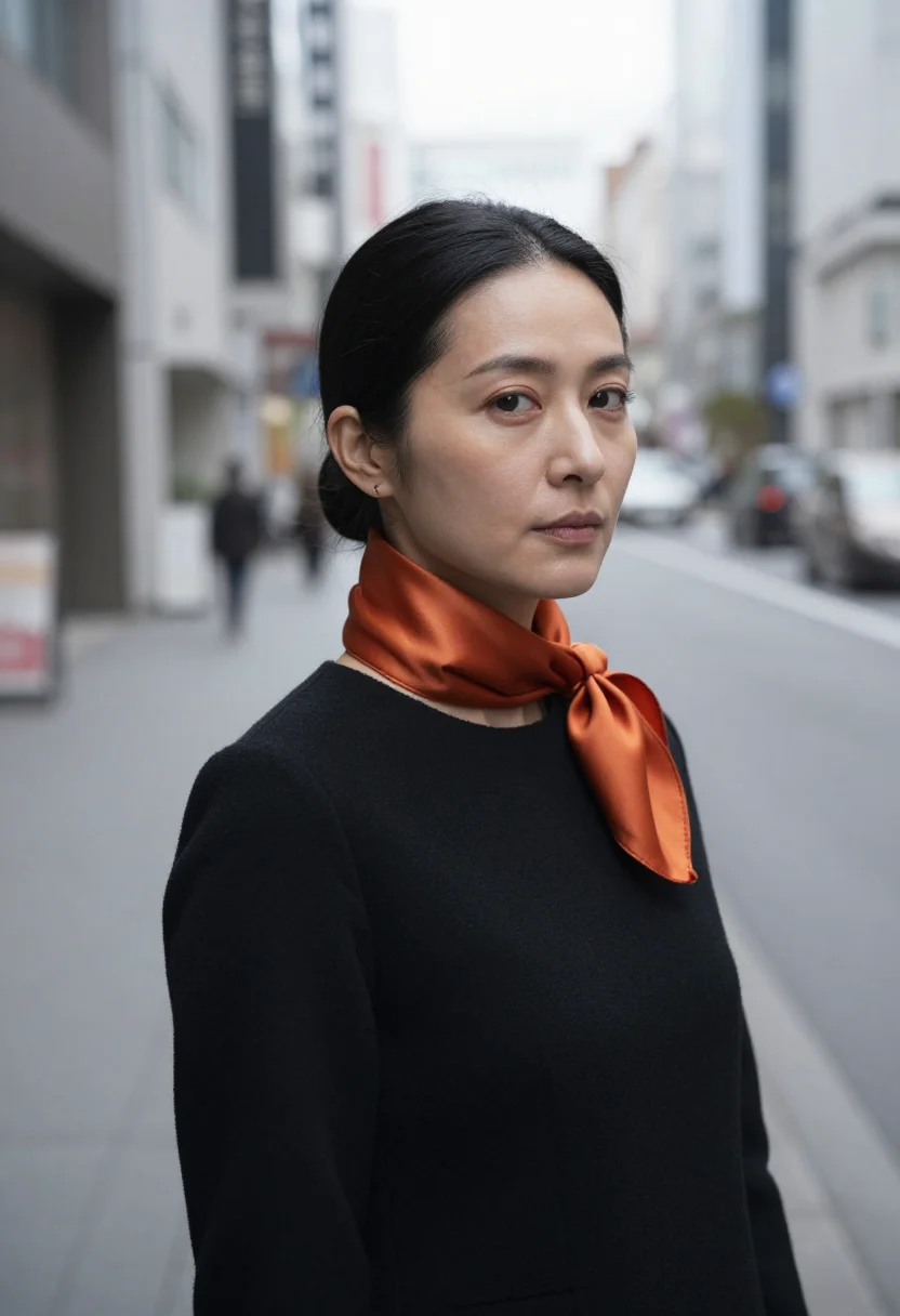 AI tokyo ginza gallerist persimmon sample — portrait of a woman, framed head and shoulders, tighter, the