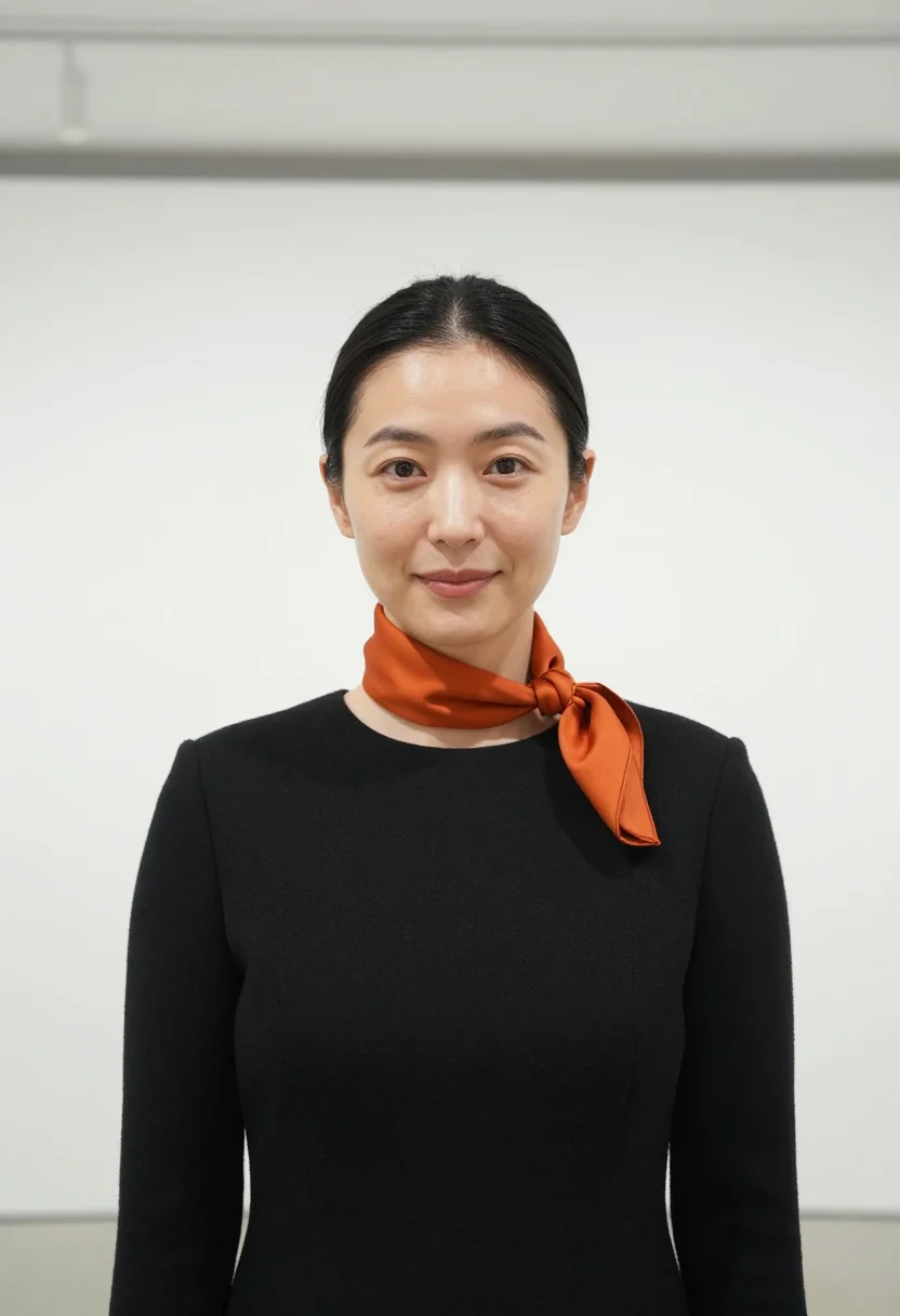 AI tokyo ginza gallerist persimmon sample — portrait of a woman, framed chest-up from the ribs with the