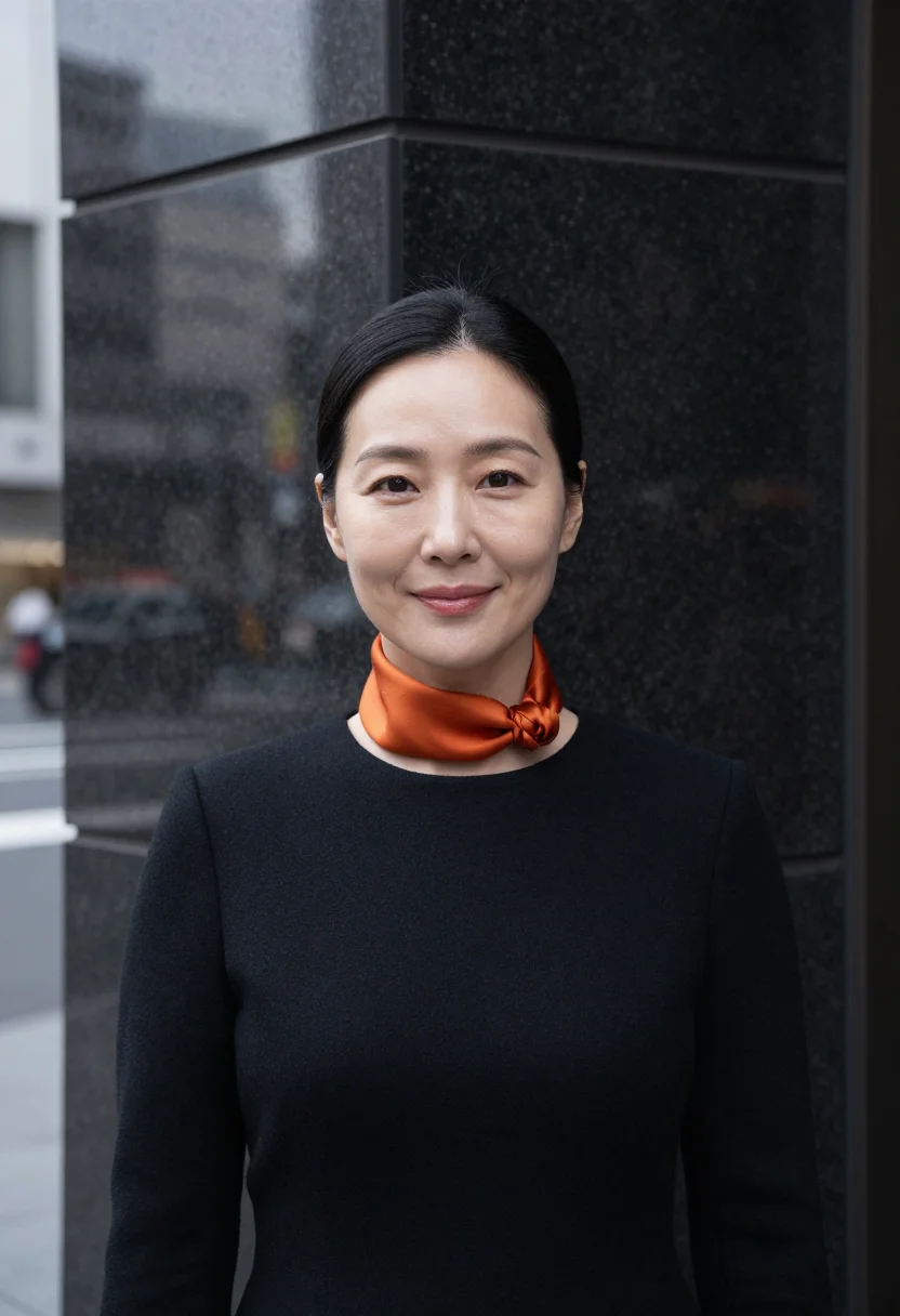 AI tokyo ginza gallerist persimmon sample — portrait of a woman, framed as a tight headshot from the cro