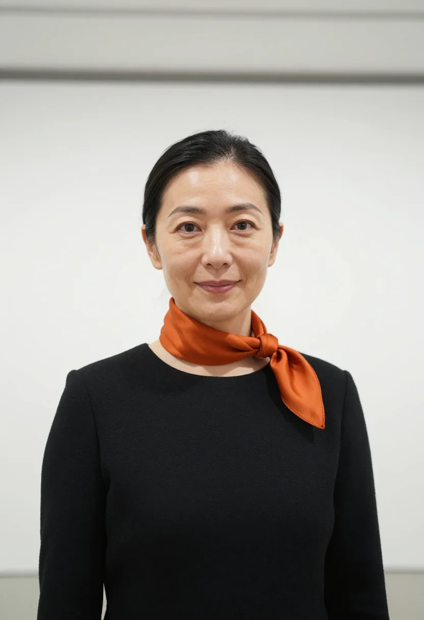 AI tokyo ginza gallerist persimmon sample — portrait of a woman, framed as a tight headshot from the cro