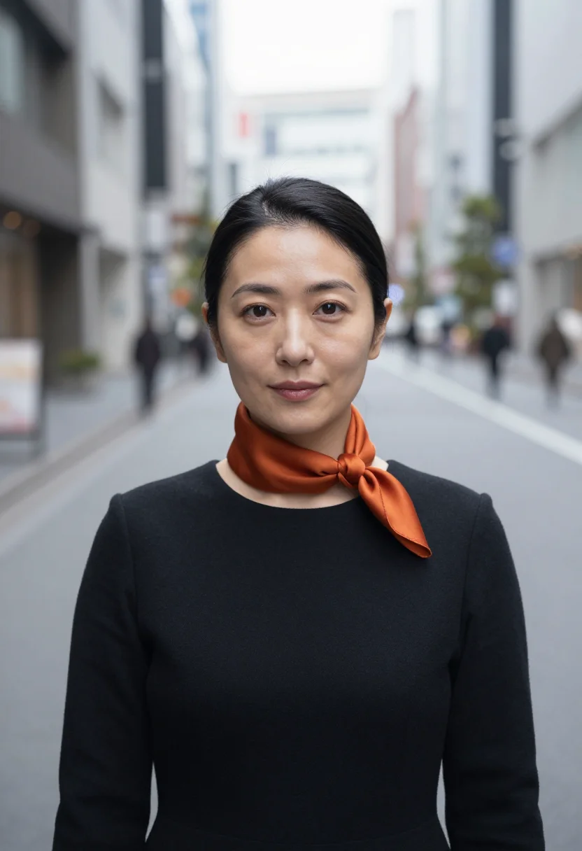 AI tokyo ginza gallerist persimmon sample — portrait of a woman, framed as a tight headshot from the cro