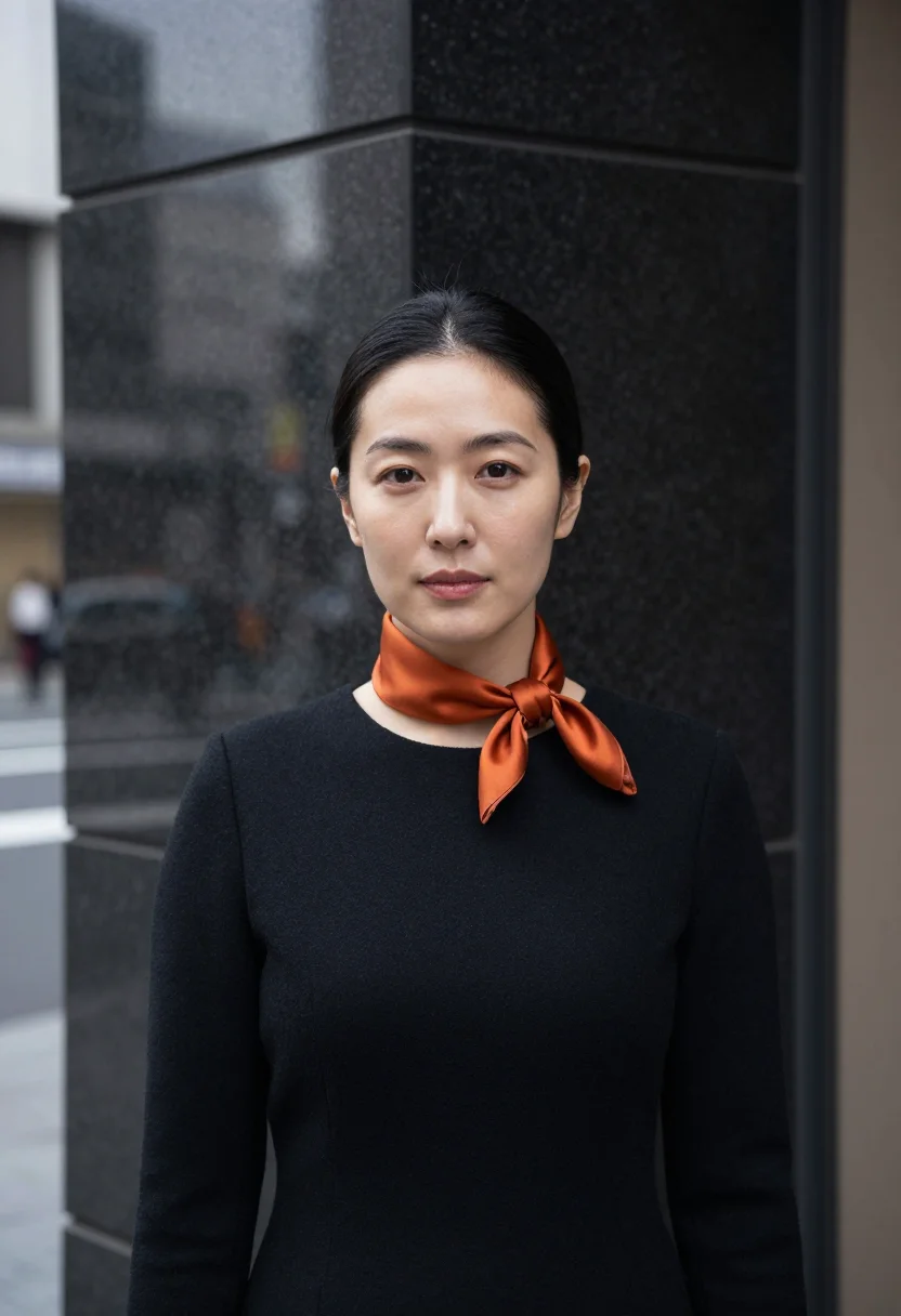 AI tokyo ginza gallerist persimmon sample — portrait of a woman, framed head and shoulders, tighter, the