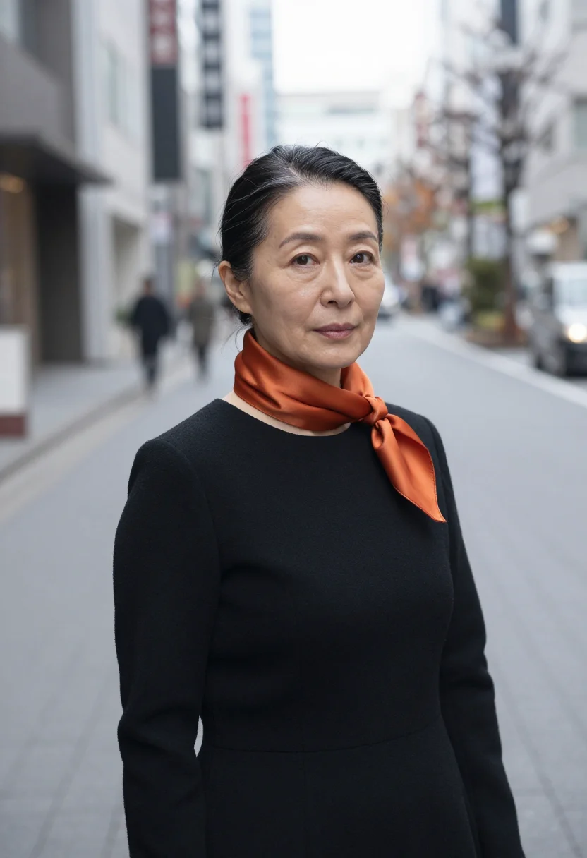 AI tokyo ginza gallerist persimmon sample — portrait of a woman, framed chest-up from the ribs with the