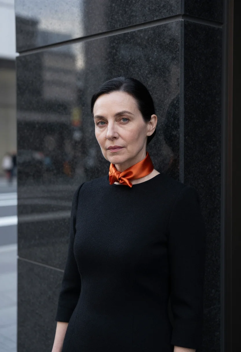 AI tokyo ginza gallerist persimmon sample — portrait of a woman, framed chest-up from the ribs with the