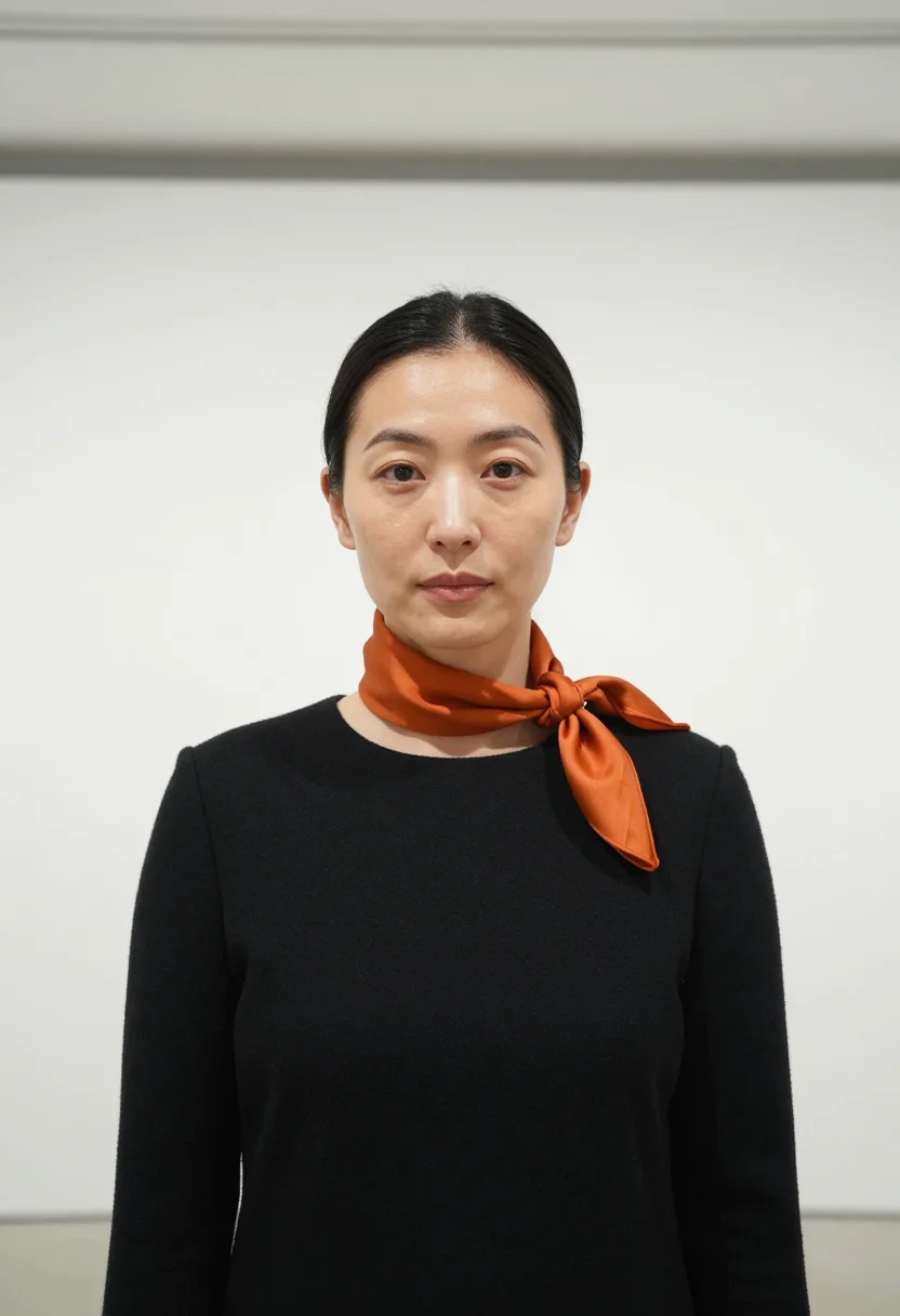 AI tokyo ginza gallerist persimmon sample — portrait of a woman, framed head and shoulders, tighter, the