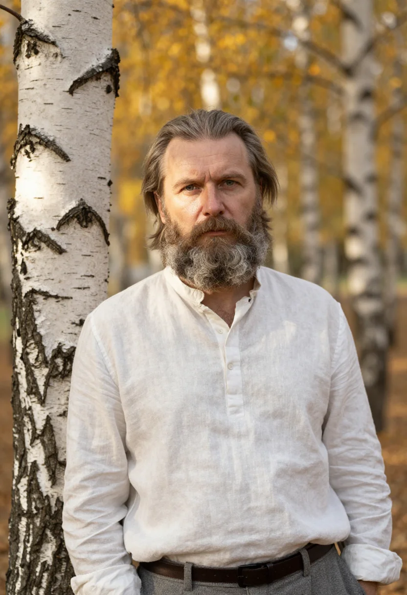 AI tolstoy yasnaya polyana birch gold sample — portrait of a man, framed tight, head and shoulders, the bod