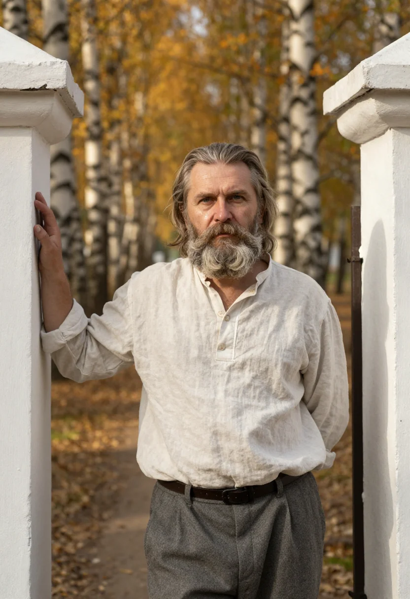 AI tolstoy yasnaya polyana birch gold sample — portrait of a man, framed chest-up from the ribs, the body c