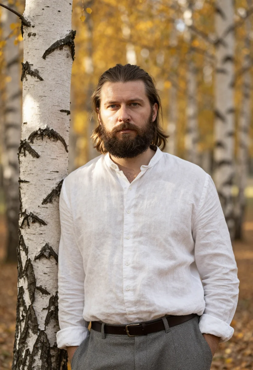AI tolstoy yasnaya polyana birch gold sample — portrait of a man, framed chest-up from the ribs, the body c
