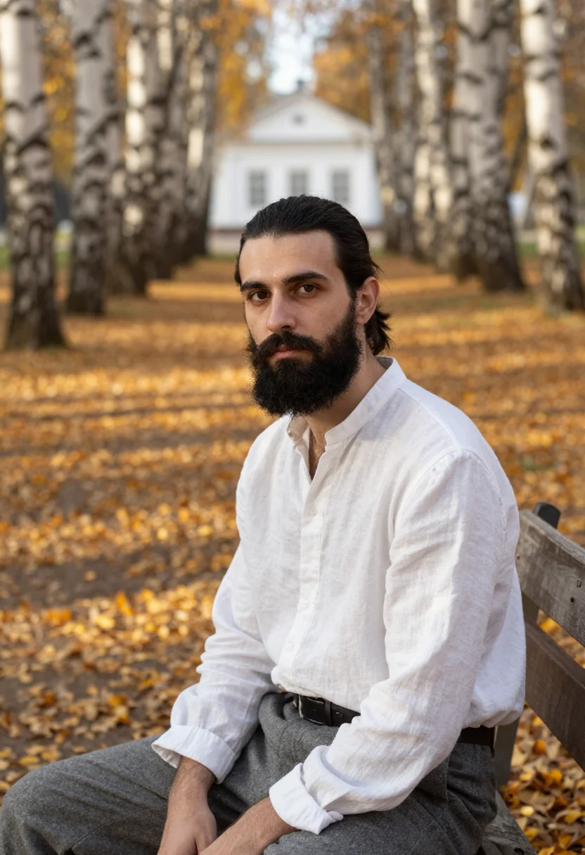 AI tolstoy yasnaya polyana birch gold sample — portrait of a man, framed tight, head and shoulders, the bod