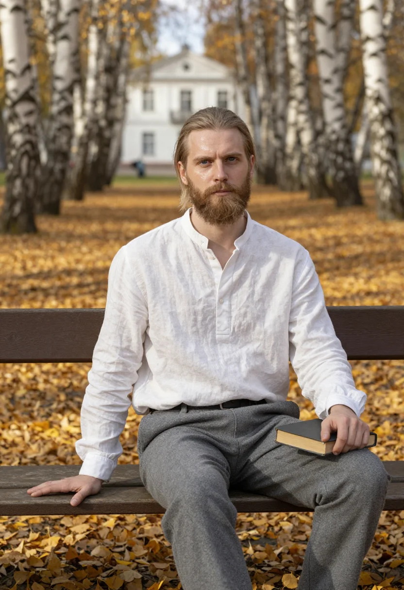 AI tolstoy yasnaya polyana birch gold sample — portrait of a man, framed three-quarter length from the head