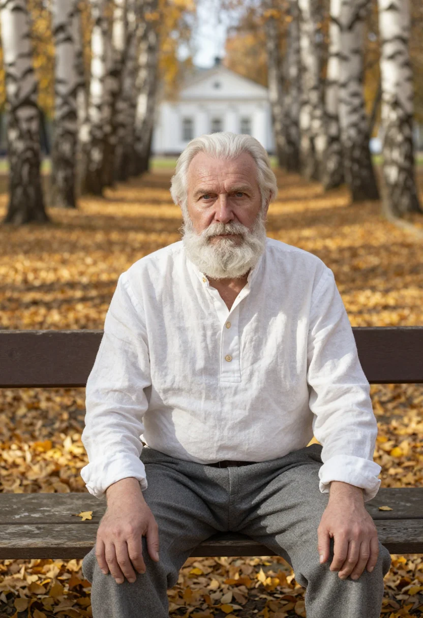AI tolstoy yasnaya polyana birch gold sample — portrait of a man, framed chest-up from the ribs, the body c