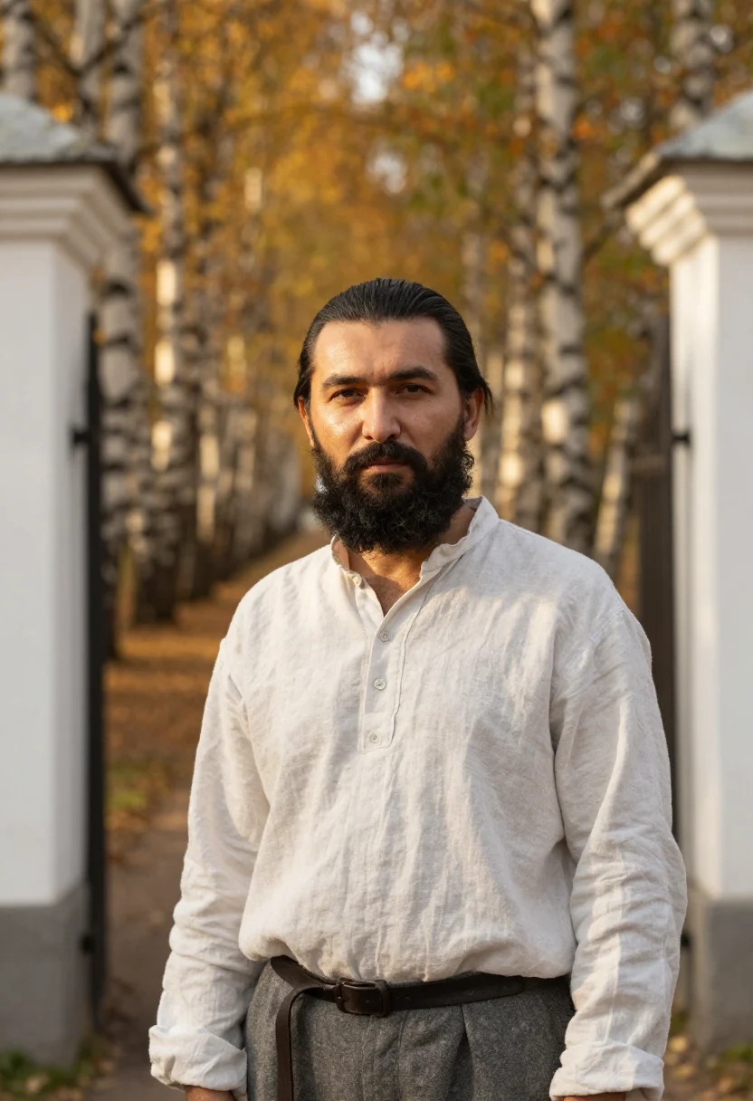 AI tolstoy yasnaya polyana birch gold sample — portrait of a man, framed tight, head and shoulders, the bod