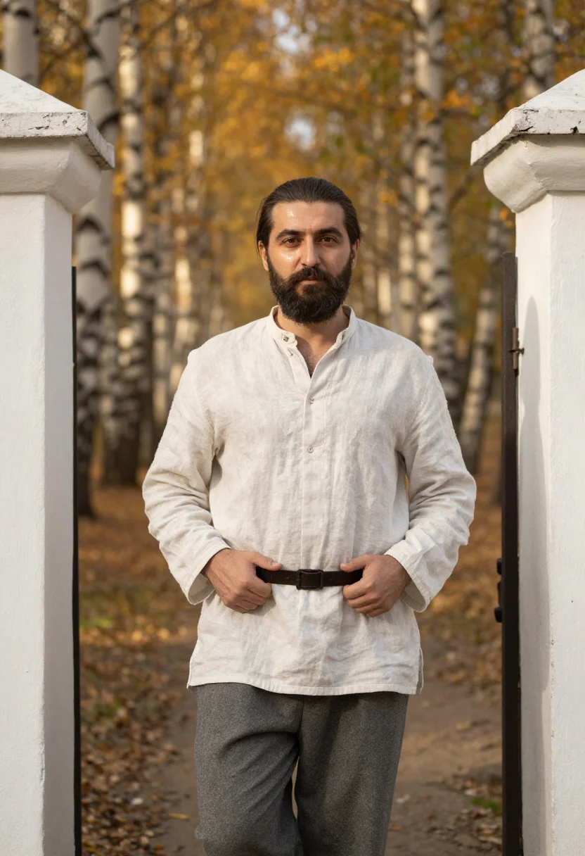 AI tolstoy yasnaya polyana birch gold sample — portrait of a man, framed half-length from the crown to the