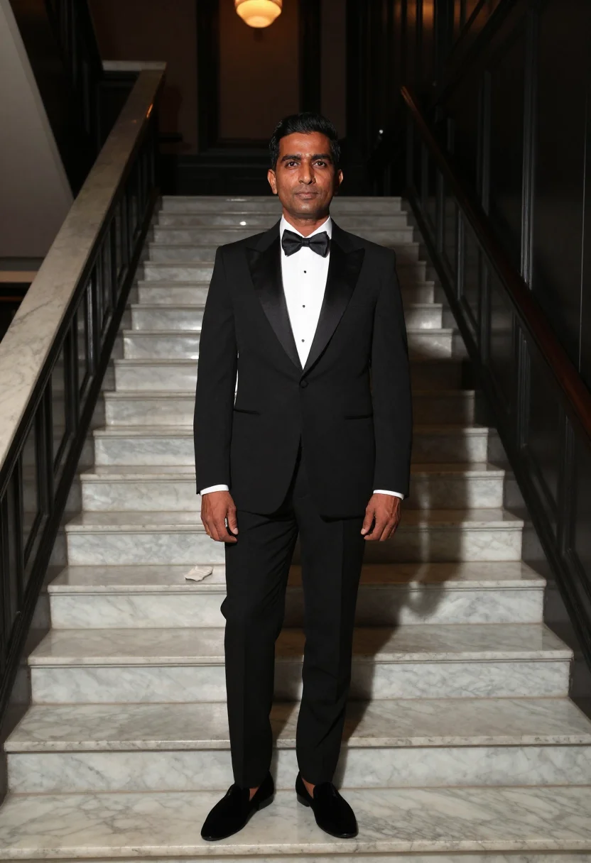 AI tom ford tuxedo sample — portrait of a man, full-length portrait of a South-Asian man