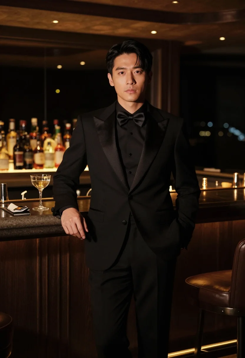 AI tom ford tuxedo sample — portrait of a man, three-quarter-length portrait of an East-