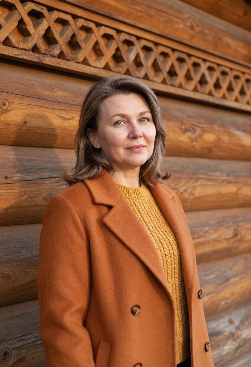 AI tomsk architect ochre timber sample — portrait of a woman, an architect in her late forties with f