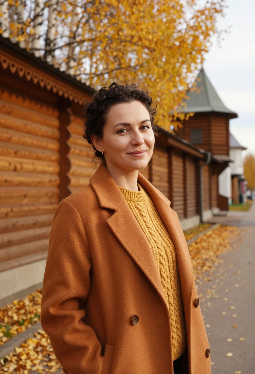 AI tomsk architect ochre timber sample — portrait of a woman, an architect in her mid-thirties with w