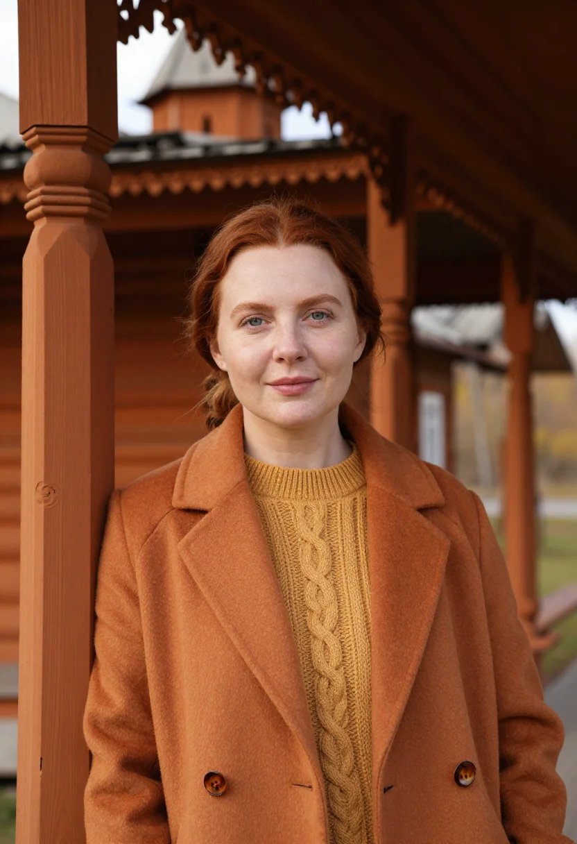 AI tomsk architect ochre timber sample — portrait of a woman, an architect in her late twenties with