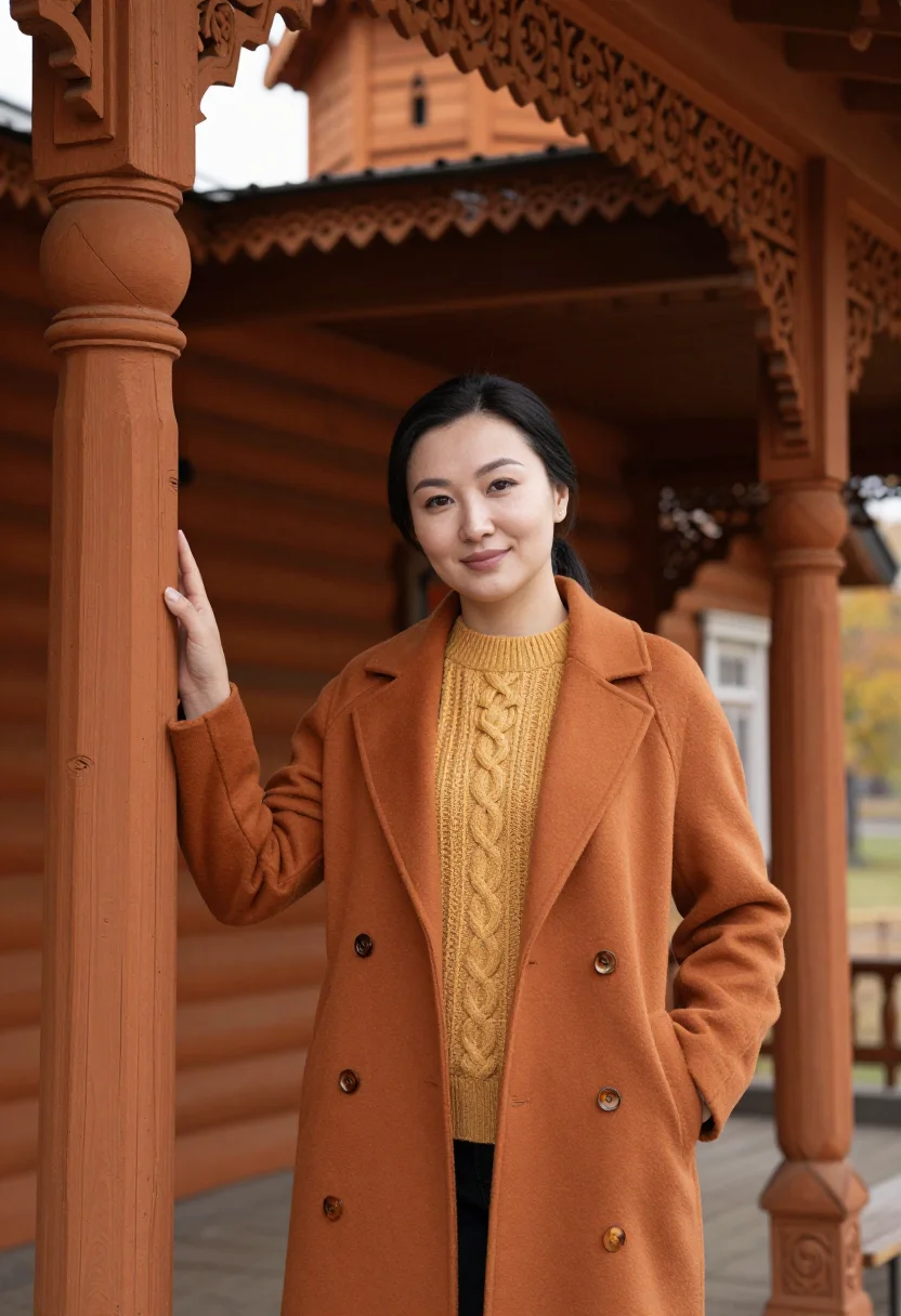 AI tomsk architect ochre timber sample — portrait of a woman, a Kazakh architect in her early thirtie