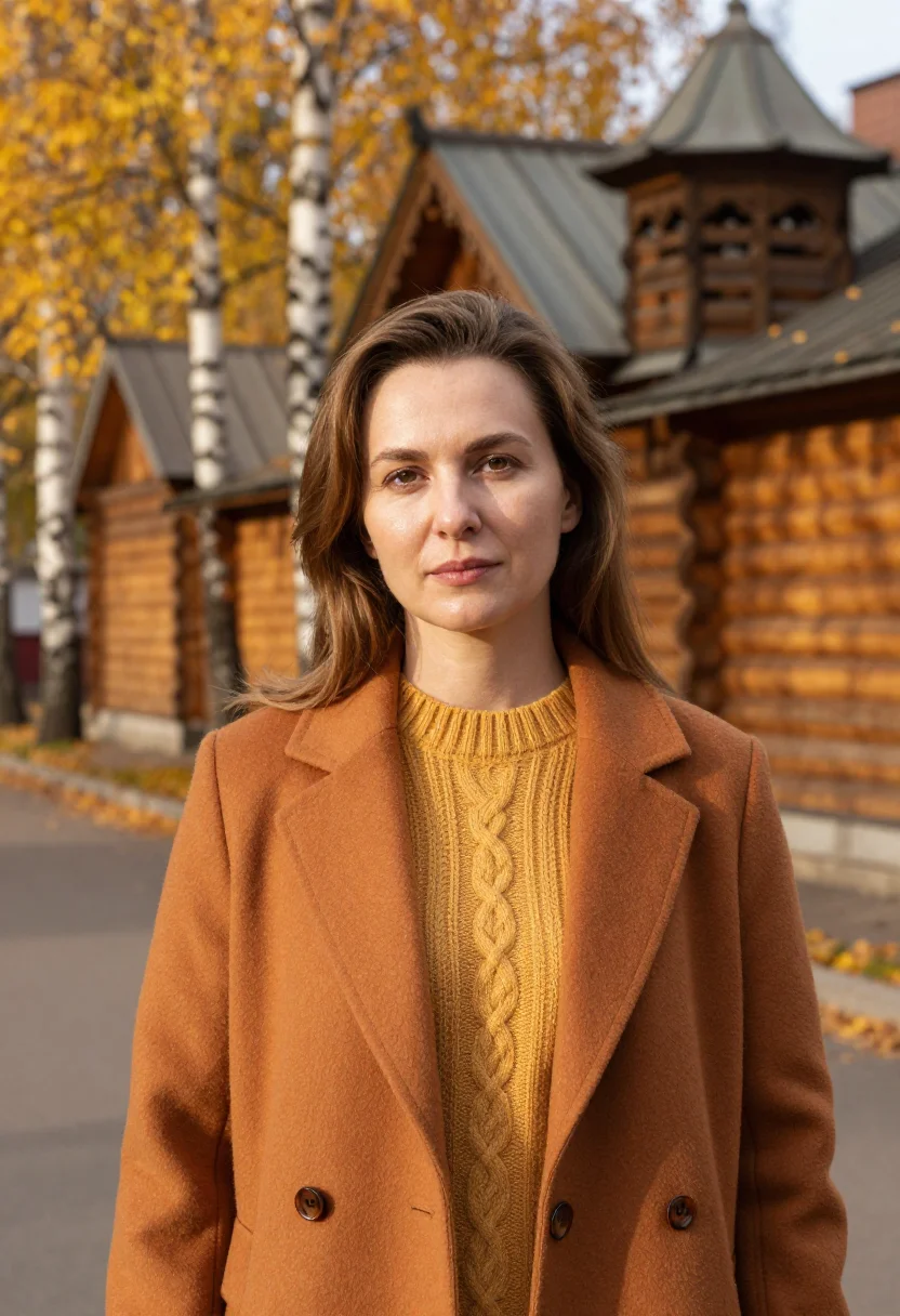 AI tomsk architect ochre timber sample — portrait of a woman, an architect in her early forties with