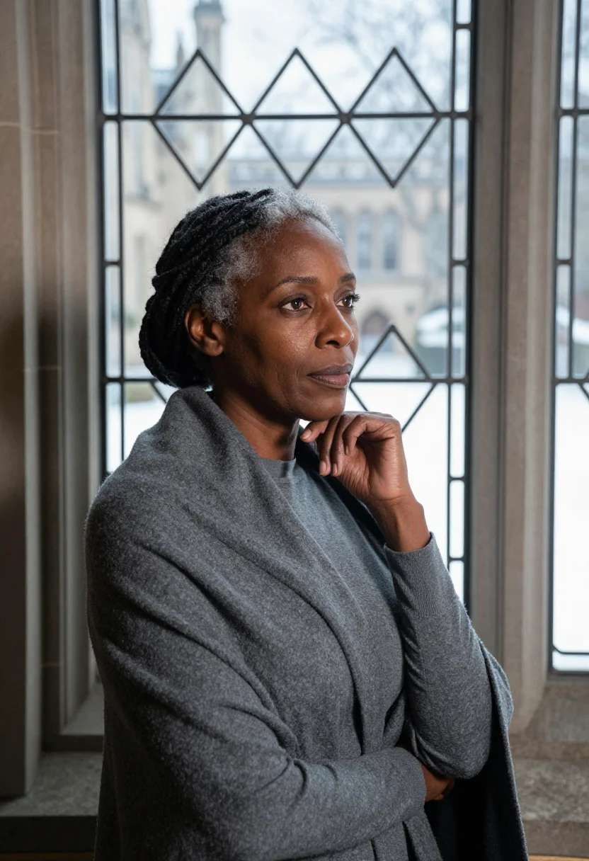AI toni morrison princeton january grey sample — portrait of a woman, framed tight, head and shoulders, the b
