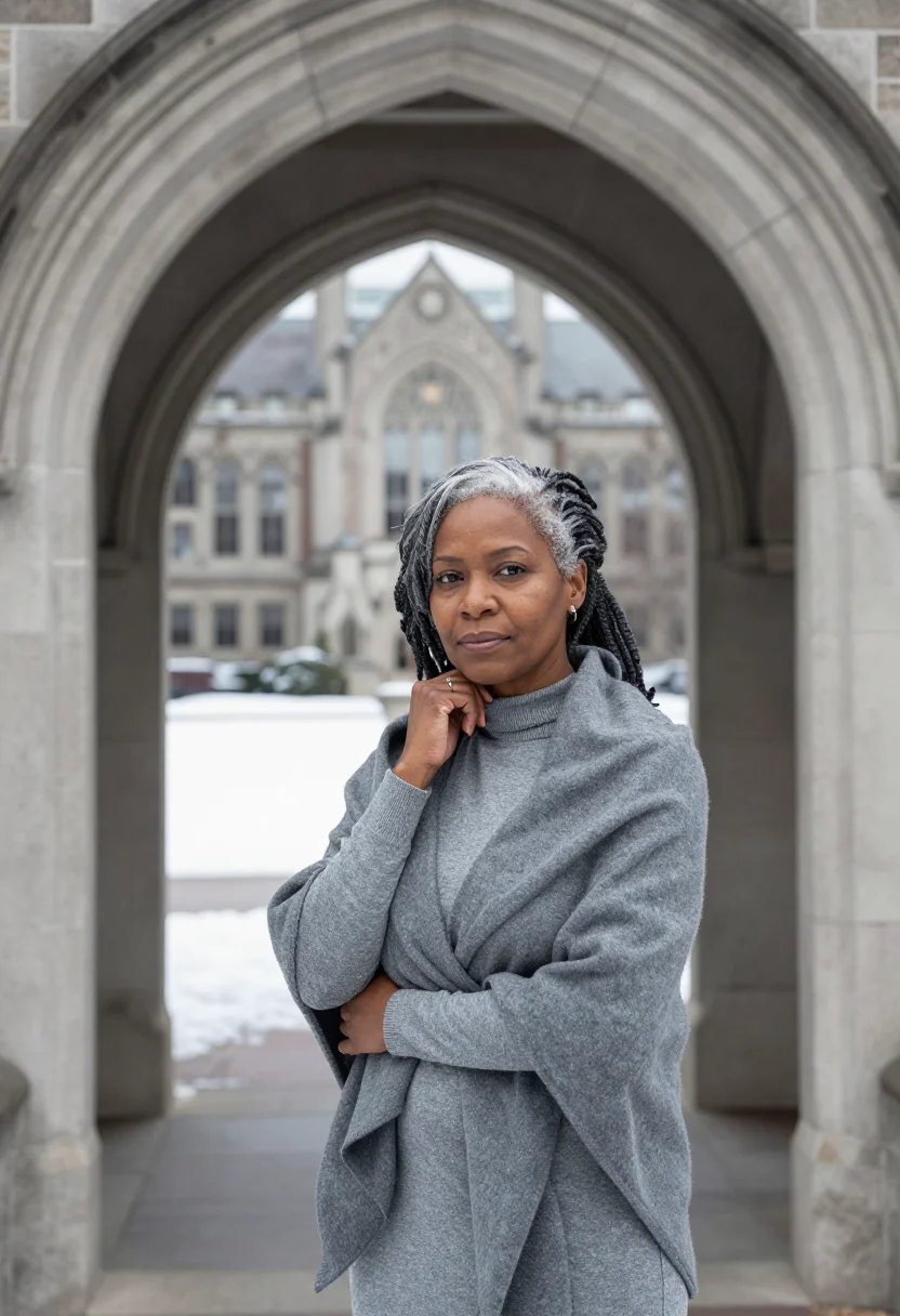 AI toni morrison princeton january grey sample — portrait of a woman, framed half-length, cropped at the hips