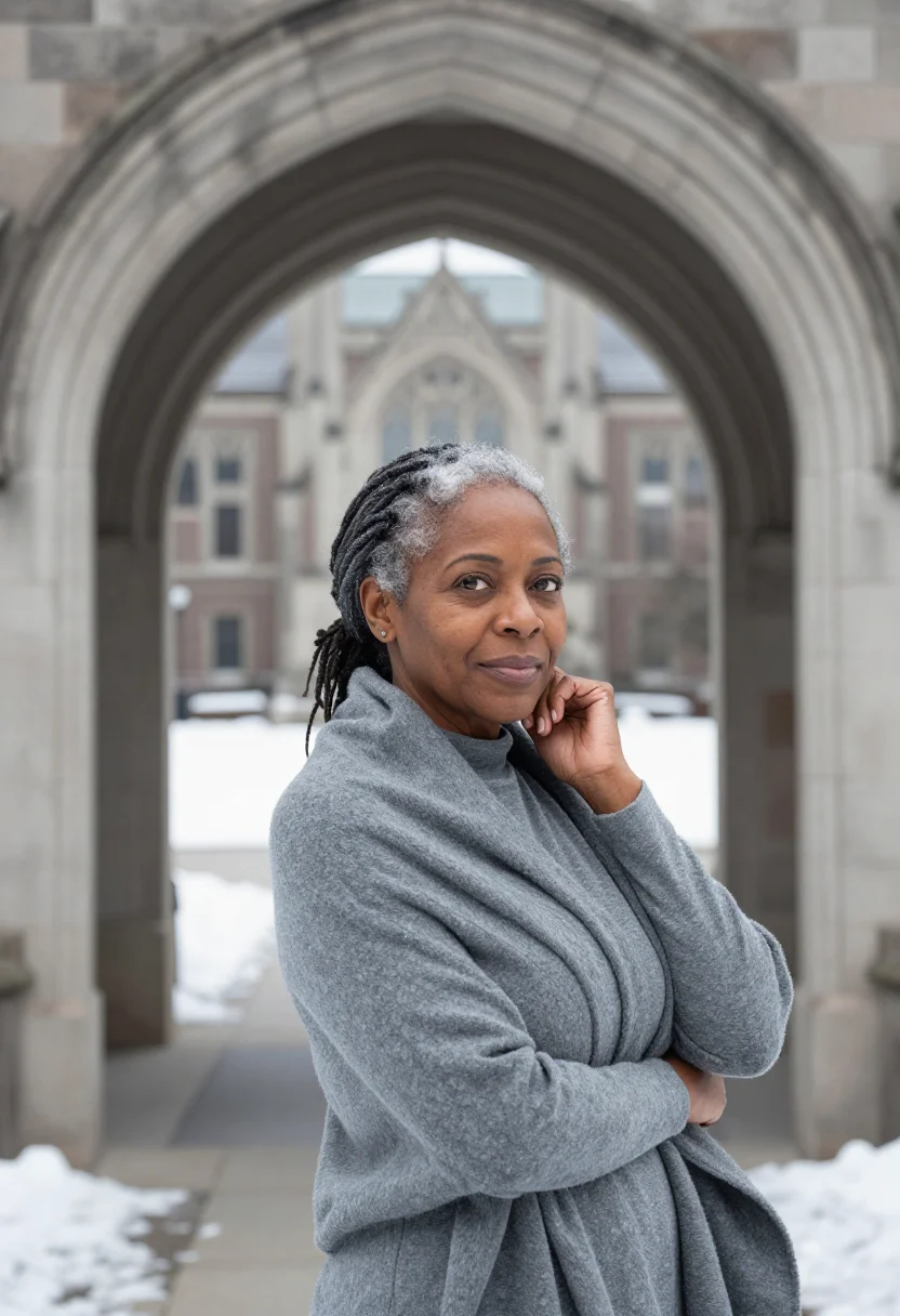 AI toni morrison princeton january grey sample — portrait of a woman, framed chest-up, cropped at the ribs, t
