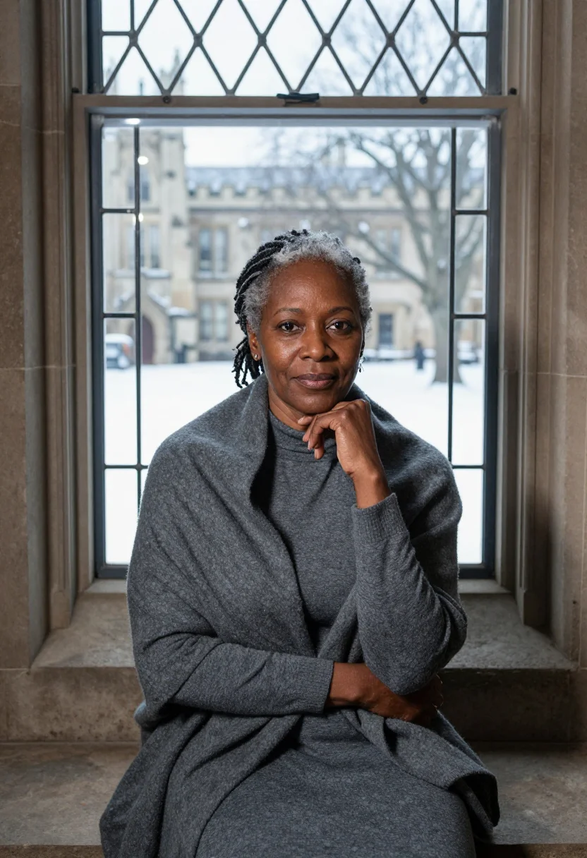 AI toni morrison princeton january grey sample — portrait of a woman, framed chest-up, cropped at the ribs, t