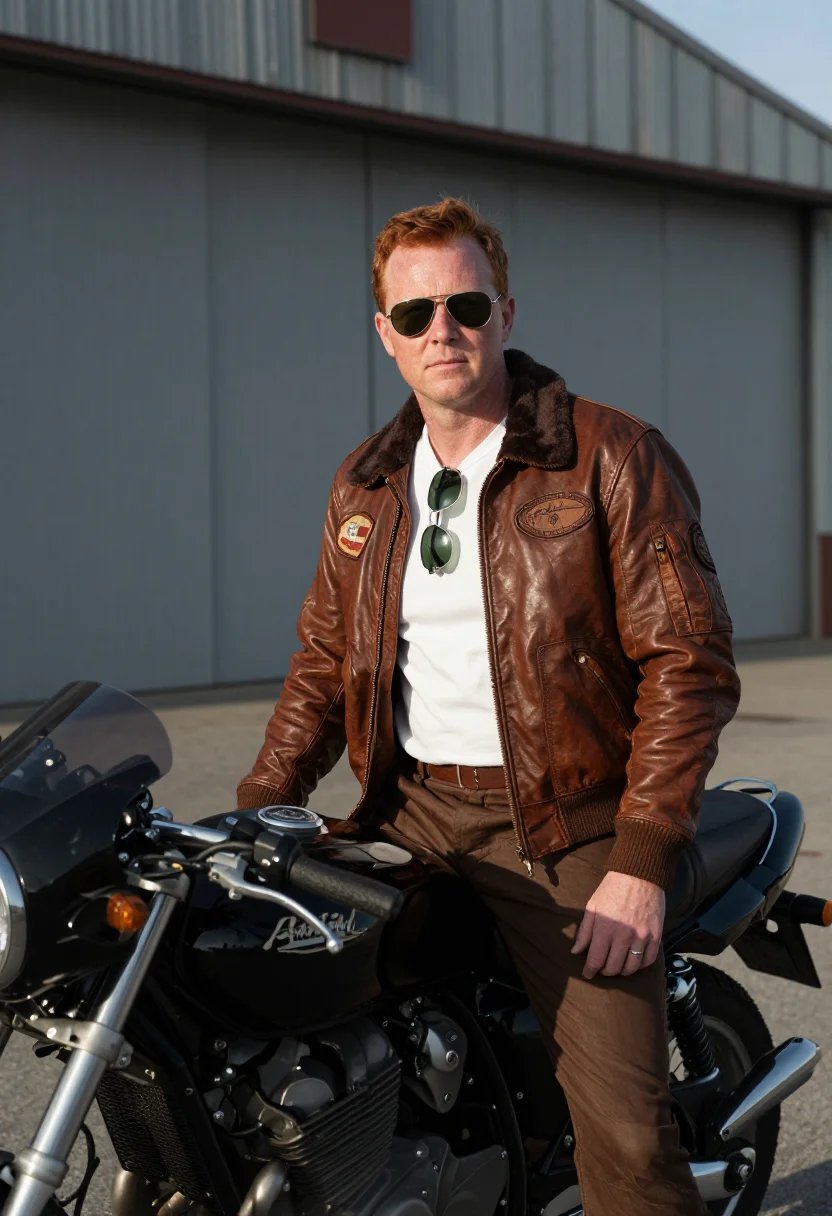 AI top gun maverick north island bomber jacket navy sample — portrait of a man, a navy pilot in his late thirties of Scot