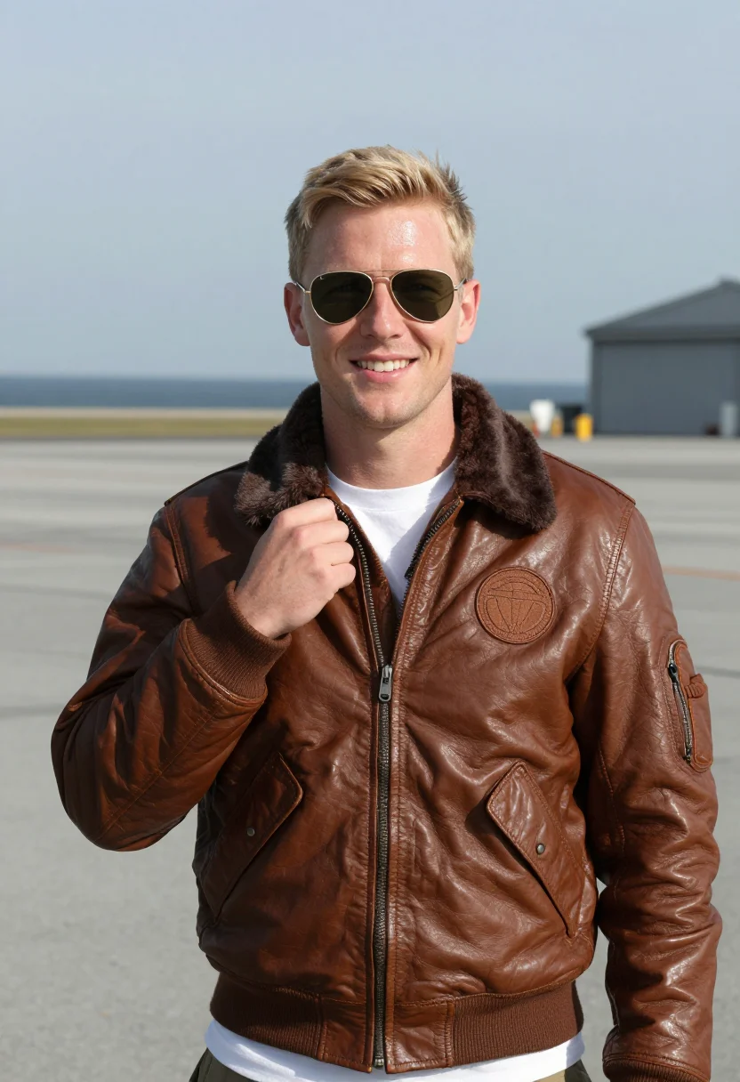 AI top gun maverick north island bomber jacket navy sample — portrait of a man, a navy pilot in his late twenties of Germ