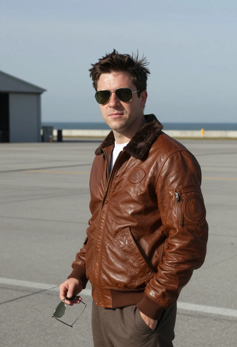 AI top gun maverick north island bomber jacket navy sample — portrait of a man, a navy pilot in his early thirties of Fre