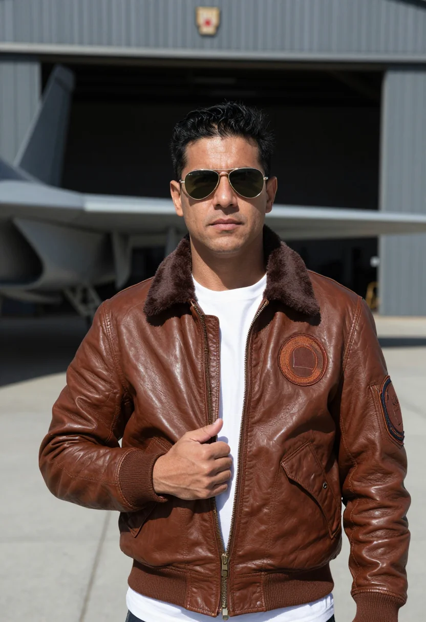 AI top gun maverick north island bomber jacket navy sample — portrait of a man, a navy pilot in his late thirties of Ital