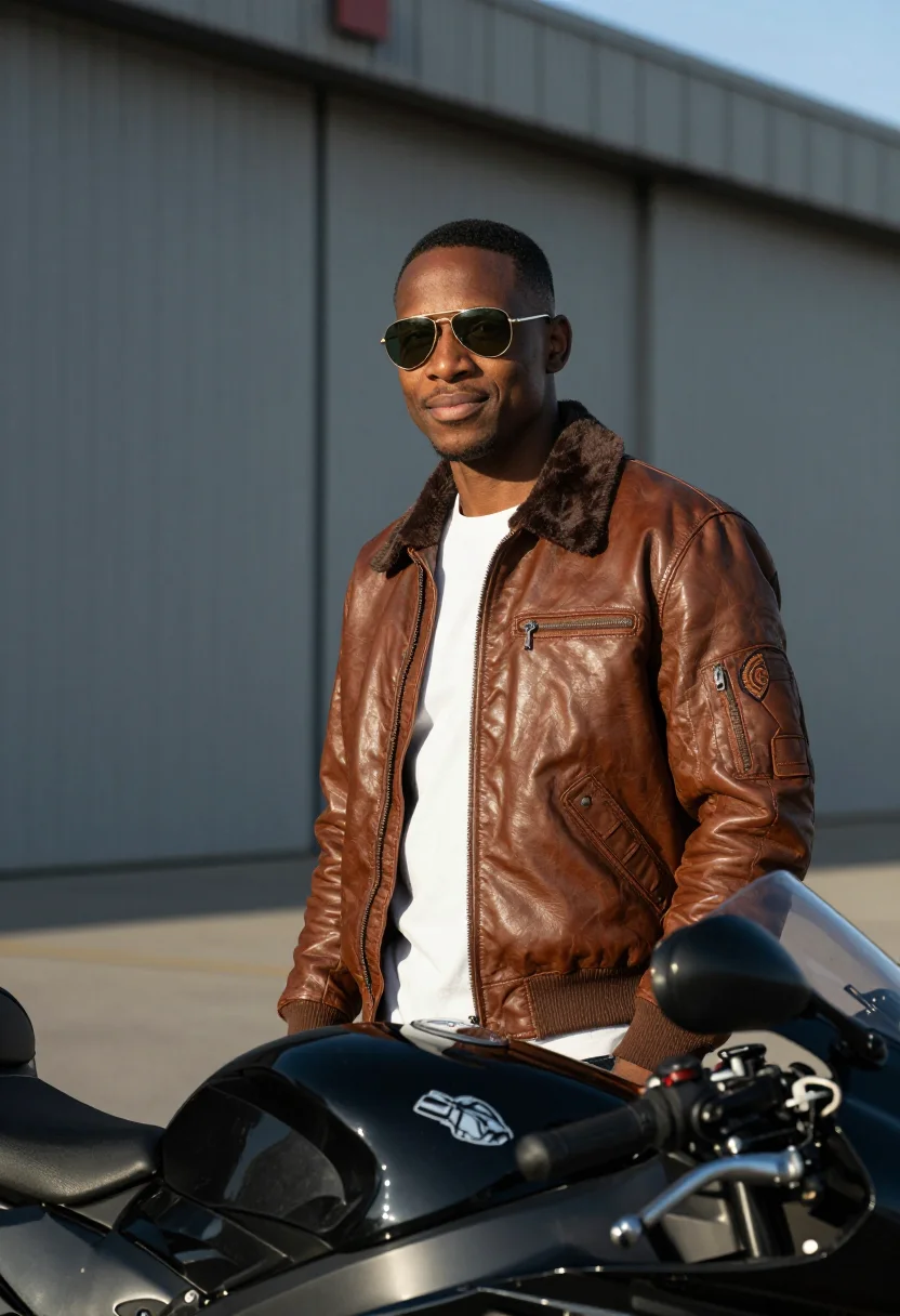 AI top gun maverick north island bomber jacket navy sample — portrait of a man, a navy pilot in his late twenties of Blac
