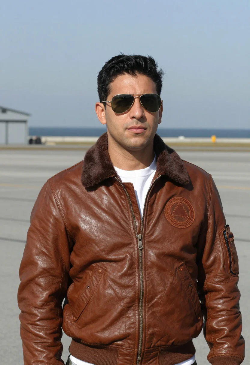 AI top gun maverick north island bomber jacket navy sample — portrait of a man, a navy pilot in his early thirties of Gre