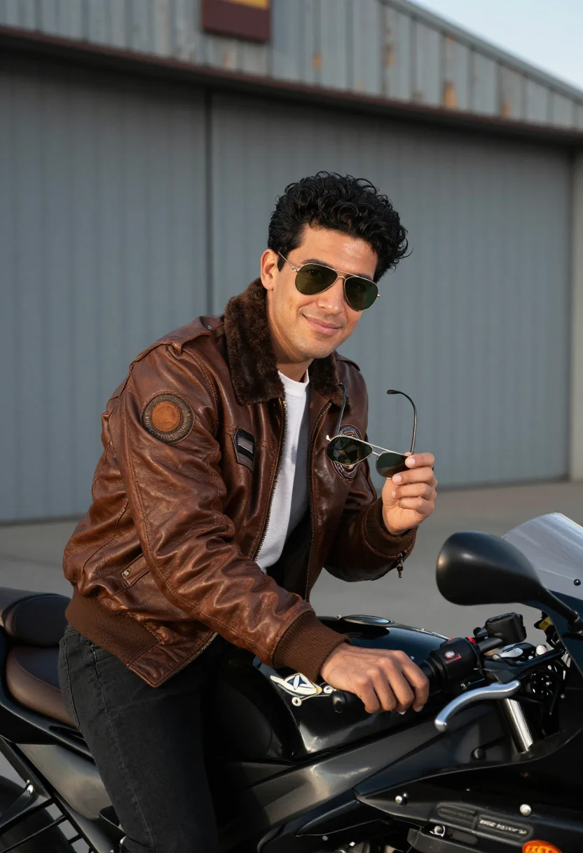 AI top gun maverick north island bomber jacket navy sample — portrait of a man, a navy pilot in his early thirties of Spa