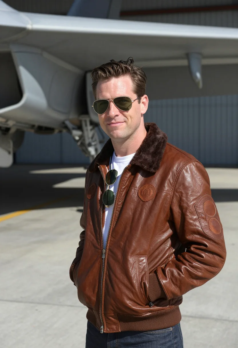 AI top gun maverick north island bomber jacket navy sample — portrait of a man, a navy pilot in his early thirties of Eng