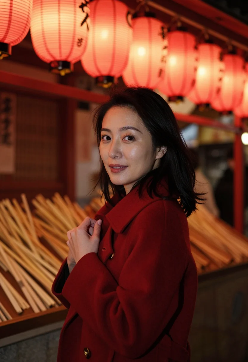 AI tori no ichi asakusa november red sample — portrait of a woman, framed chest-up, cropped at the ribs, t