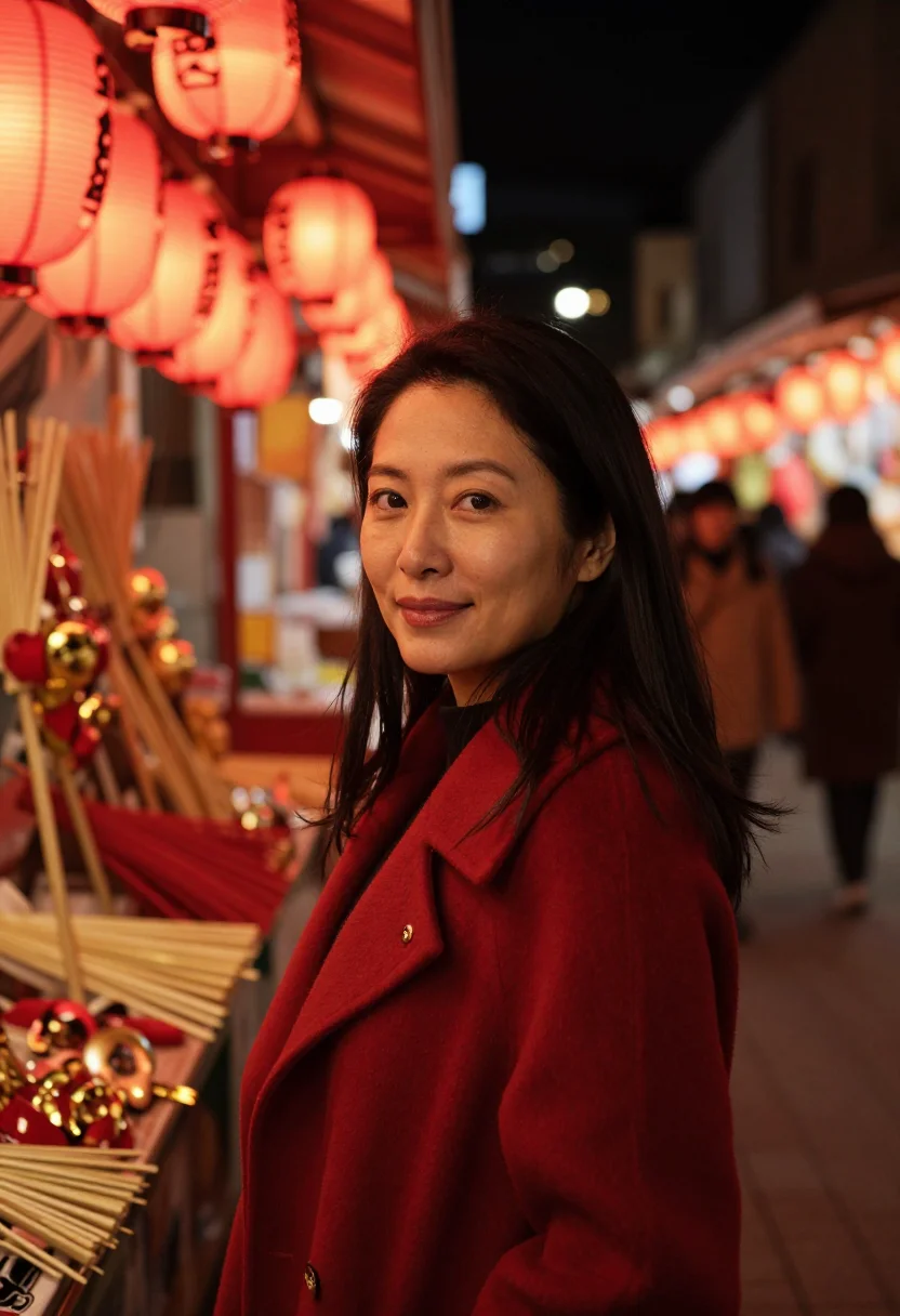 AI tori no ichi asakusa november red sample — portrait of a woman, framed tight, head and shoulders, the b