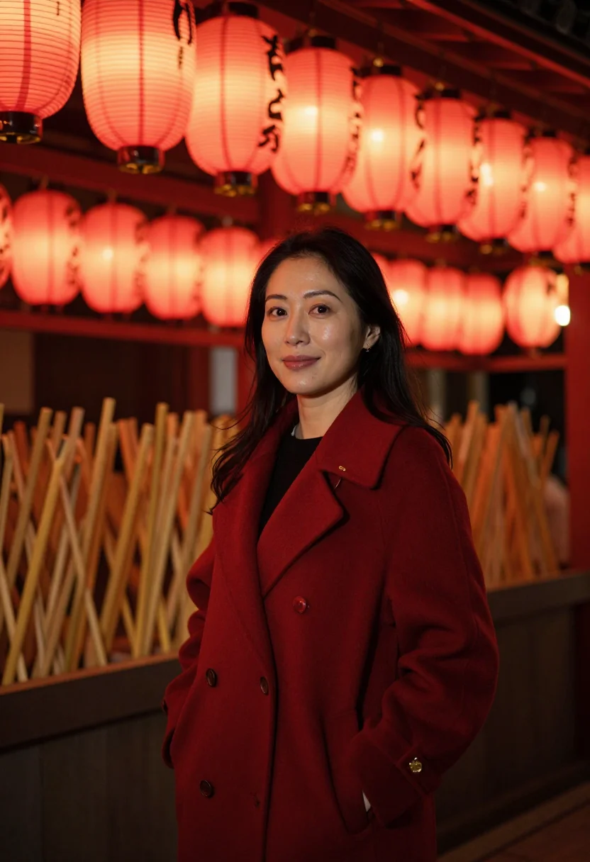 AI tori no ichi asakusa november red sample — portrait of a woman, framed half-length from the head to the