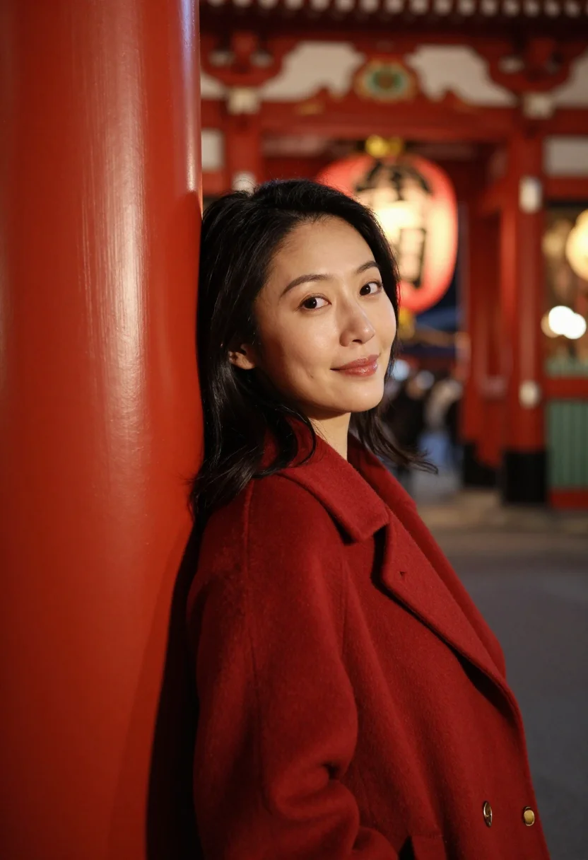 AI tori no ichi asakusa november red sample — portrait of a woman, framed chest-up, cropped at the ribs, t