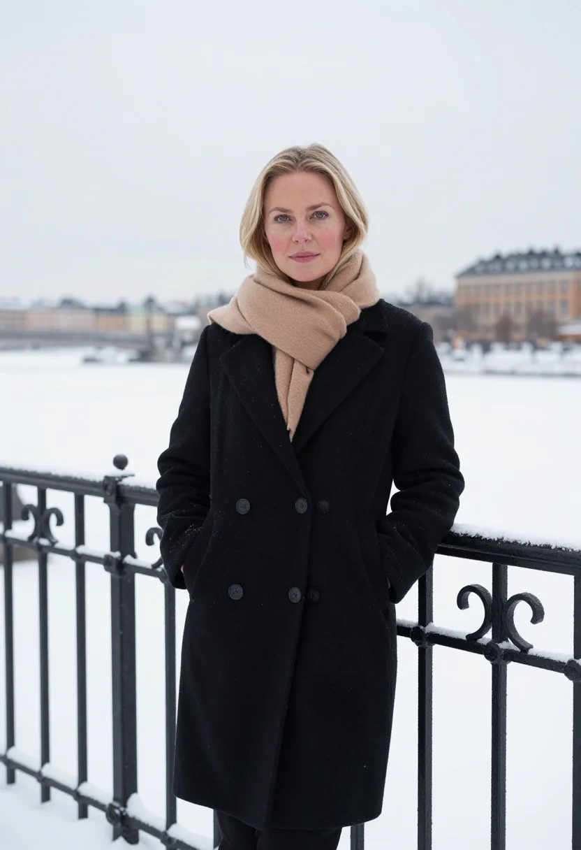 AI toteme stockholm snow camel sample — portrait of a woman, framed half-length from the crown to th