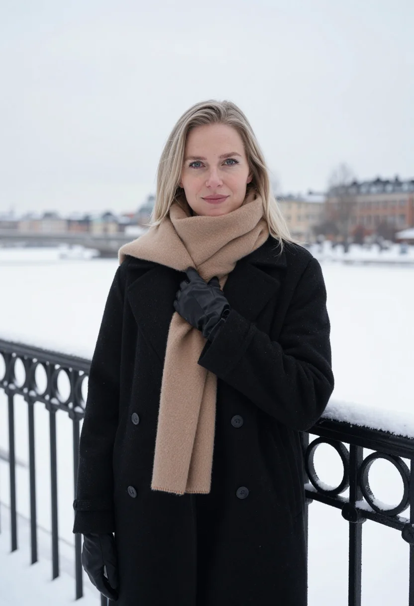 AI toteme stockholm snow camel sample — portrait of a woman, framed chest-up, the crop at the lower
