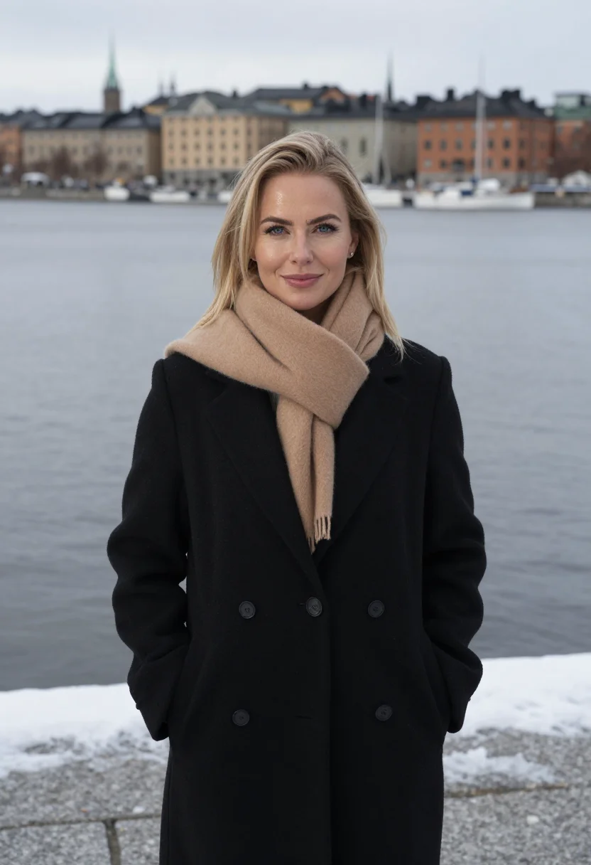 AI toteme stockholm snow camel sample — portrait of a woman, framed chest-up, the crop at the lower