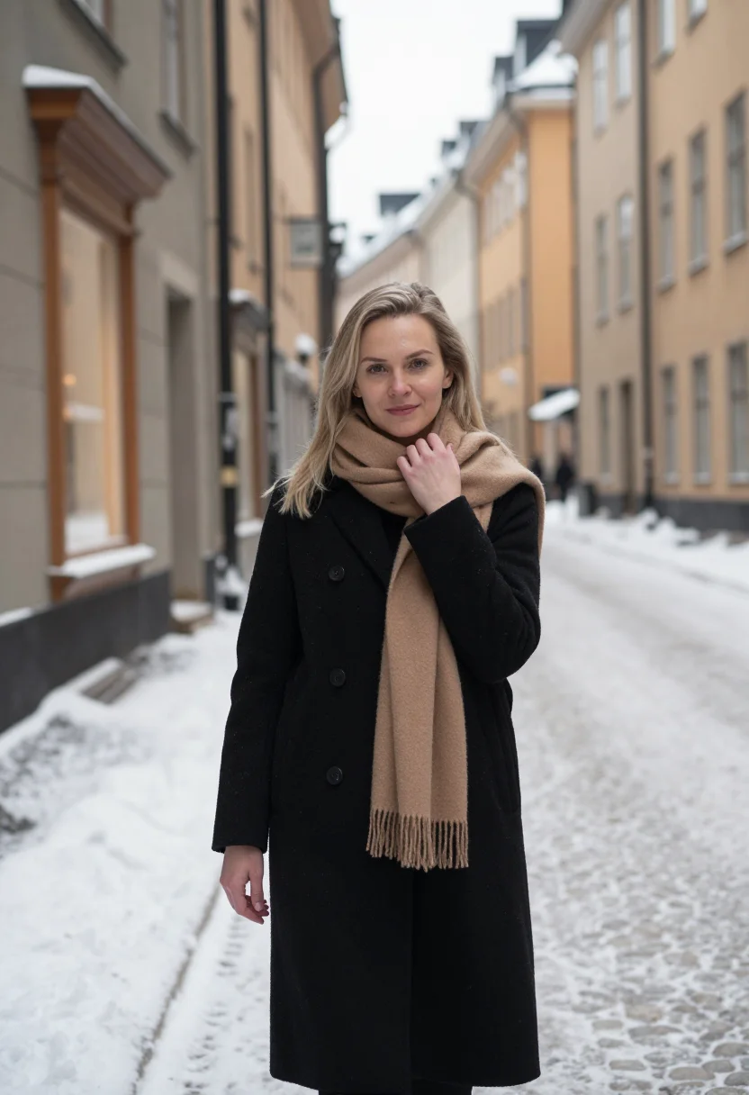 AI toteme stockholm snow camel sample — portrait of a woman, framed chest-up, the crop at the lower
