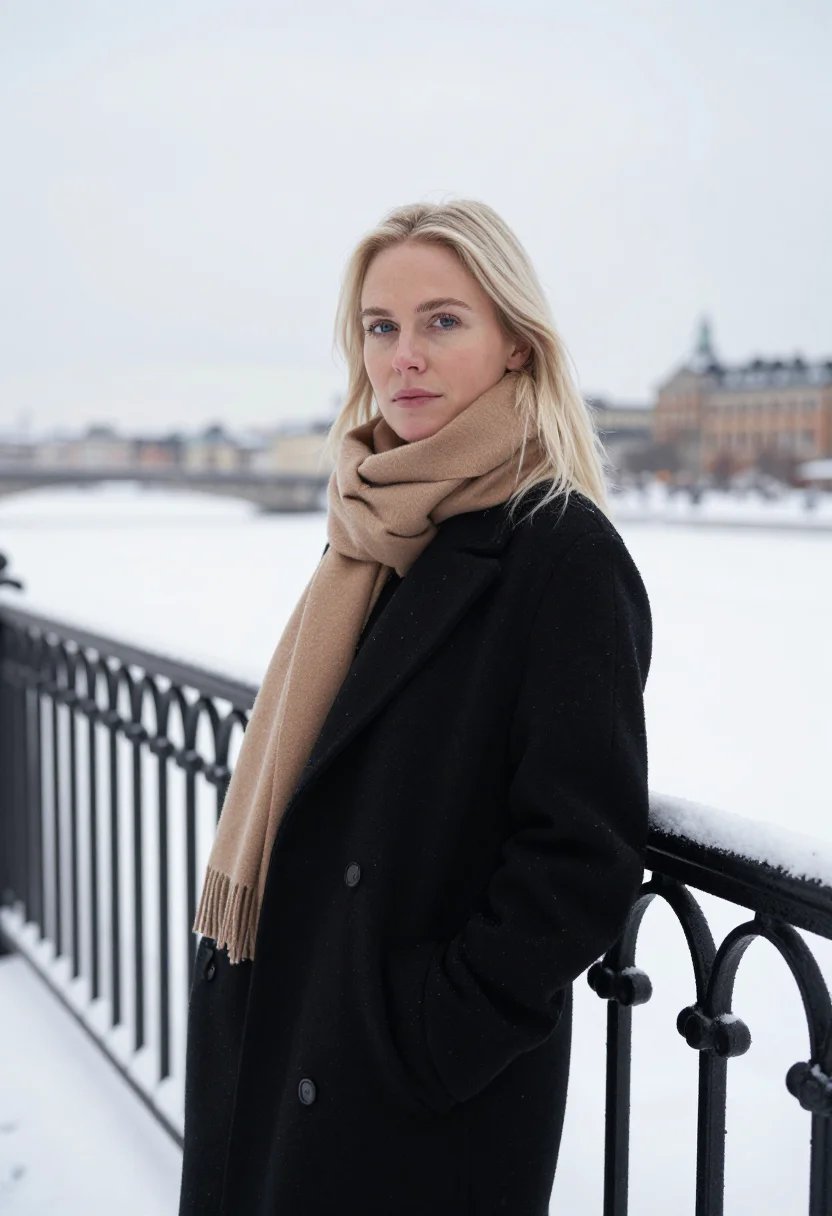 AI toteme stockholm snow camel sample — portrait of a woman, framed tight, head and shoulders, the b