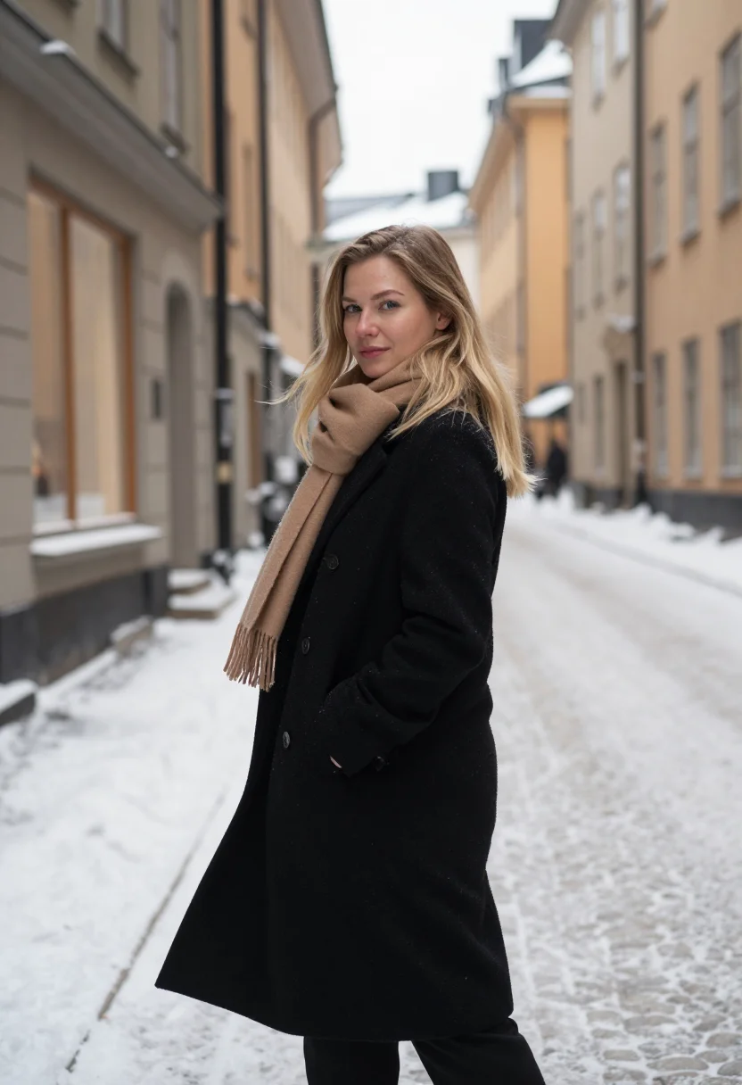 AI toteme stockholm snow camel sample — portrait of a woman, framed tight, head and shoulders, the b